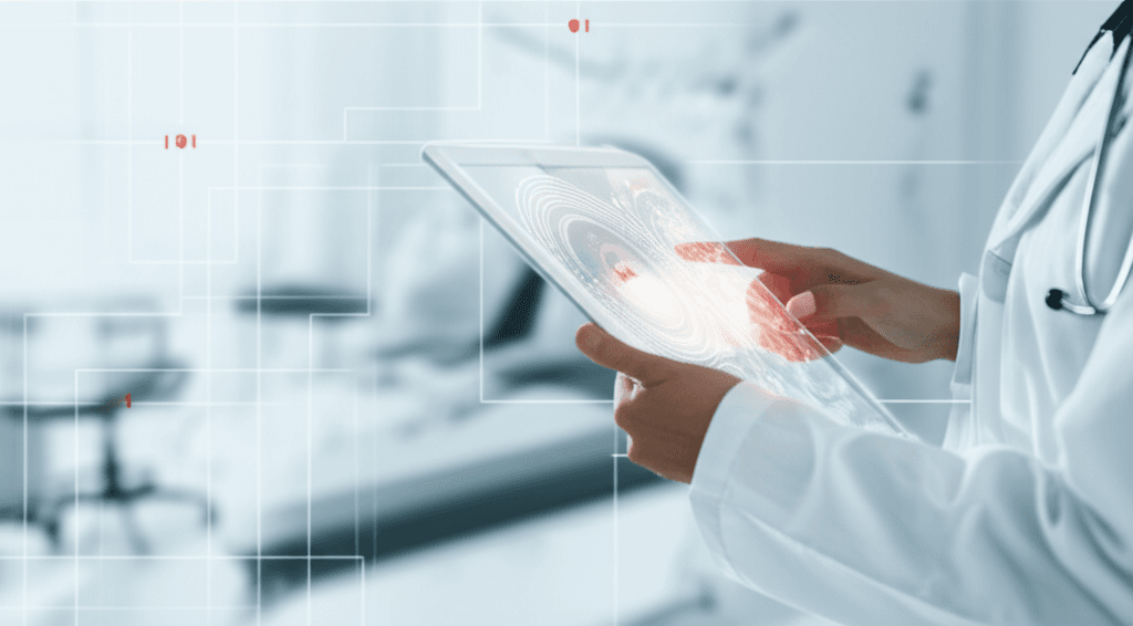 Médico utilizando tablet com interface digital de IA em ambiente clínico moderno