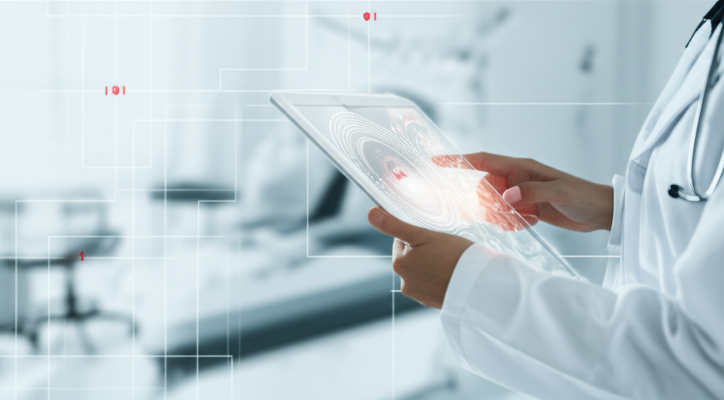 Médico utilizando tablet com interface digital de IA em ambiente clínico moderno