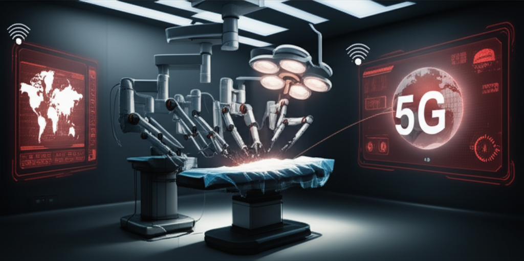 Sala cirúrgica futurista com braços robóticos e interface de IA realizando telecirurgia remota