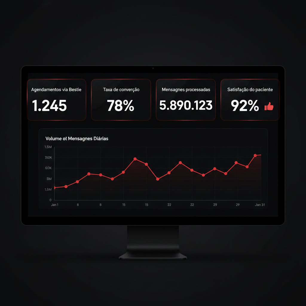 Bestie dashboard showing agent metrics: scheduling conversions, messages processed, patient satisfaction